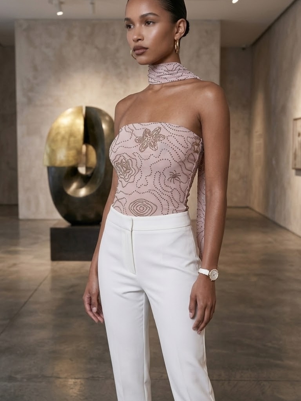 Strapless Mauve Scarf-Neck Embellished Top
